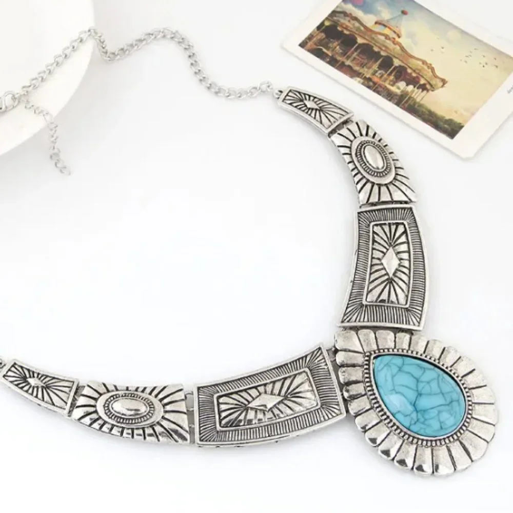 Antique Silver & Turquoise Western Southwestern Bohemian Statement Necklace NEW - Picture 2 of 8
